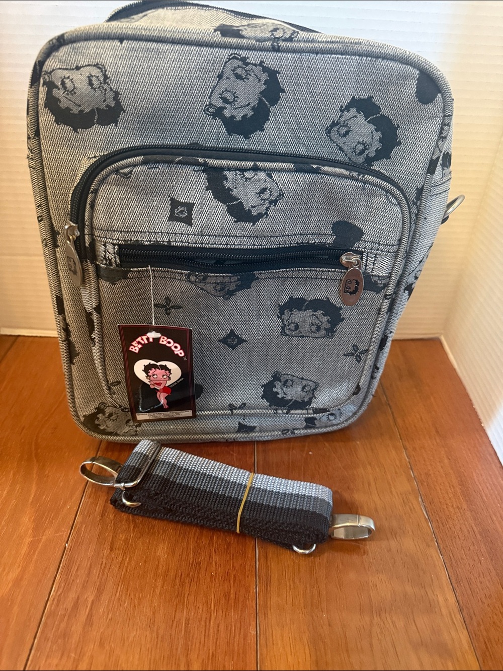 Betty Boop logo Gray / Black Canvas Crossbody travelBag Striped Strap 11x10” NWT